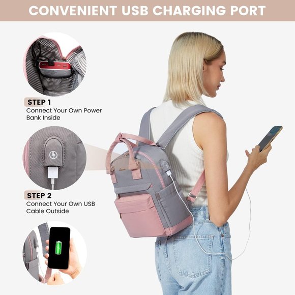 Women Pink & Grey Stylish Waterproof Mini Backpack with USB Port main image 8